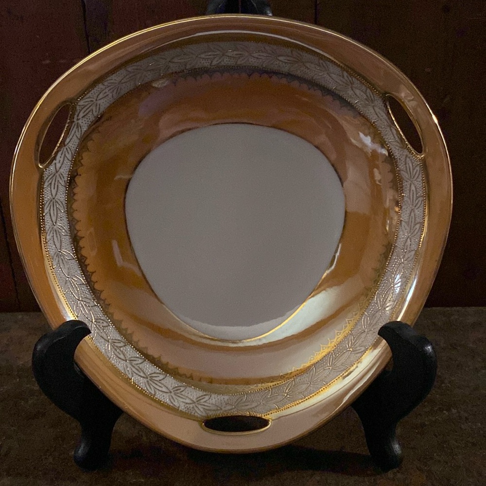 Noritake Morimura 33900 AMBER Triangular Handled Bon Bon Dish bowl Gold White
